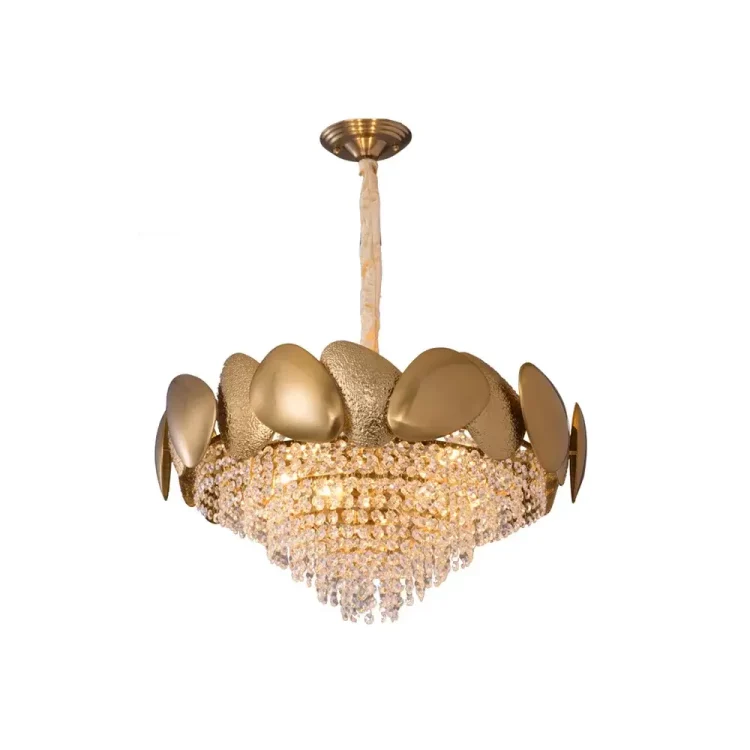 Taper Crystal Raindrop Chandelier With Golden Egg Shade, Golden Pendant Lamp for Living Room